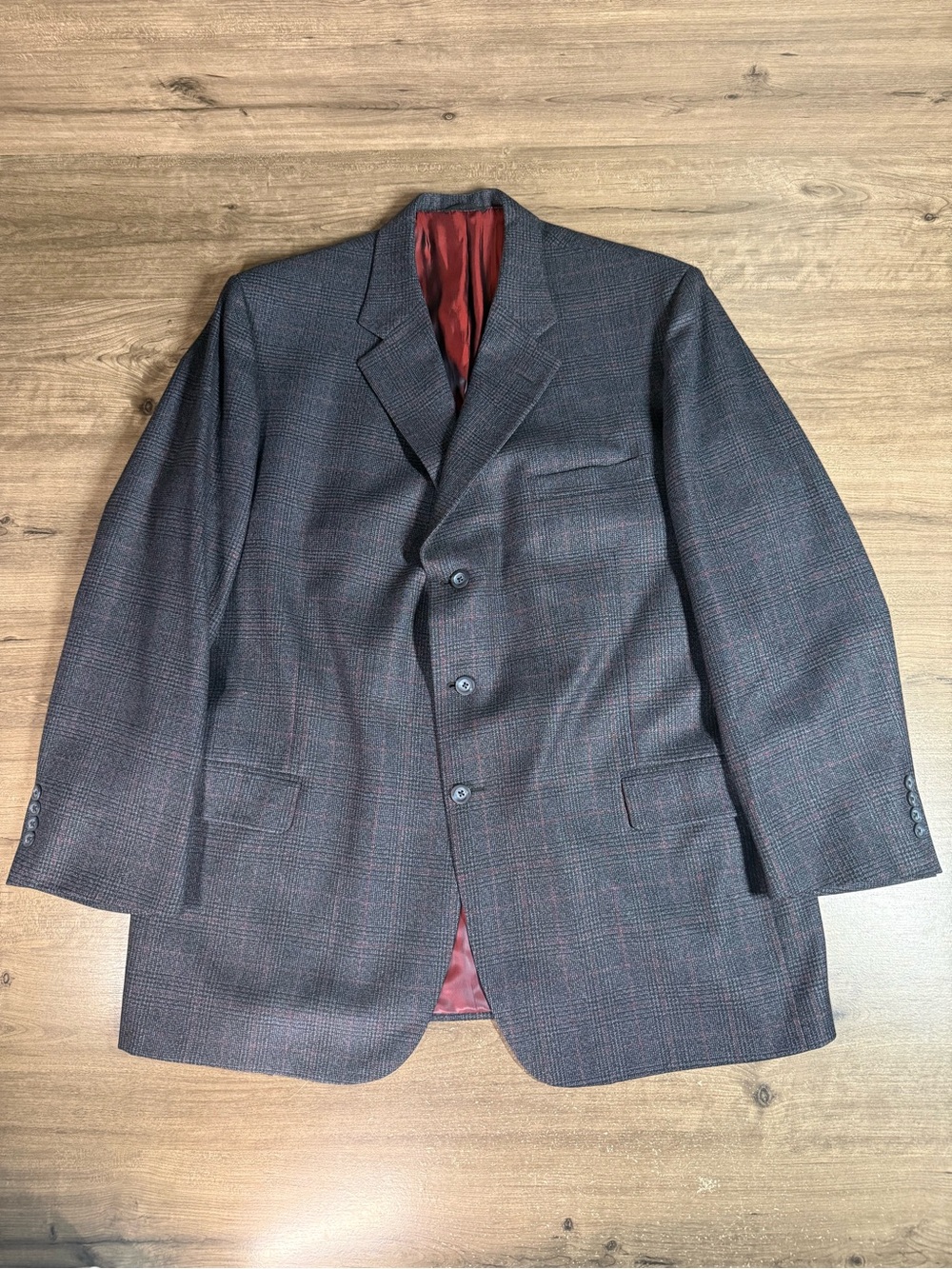 VTG Tom James Windsor Gray Glen Plaid Windowpane Wool Sport Coat Blazer Men 46R